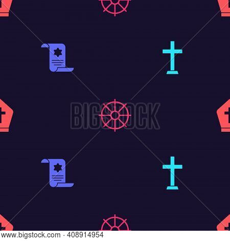 Set Christian Cross, Torah Scroll, Dharma Wheel And Pope Hat On Seamless Pattern. Vector