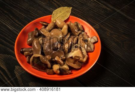 Suillus Luteus Or Boletus Luteus Mushrooms Marinated In A Plate With Spices And Bay Leaves On Vintag