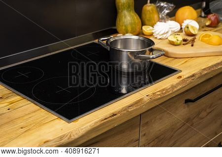 Oak Kitchen Worktop On Kitchen With A Sink, Cookstove And Food Ingredients, Bottle And Kitchen Facil