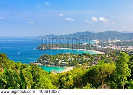View Point Of Karon Beach, Kata Beach And Kata Noi In Phuket, Thailand. Beautiful Turquoise Sea And 