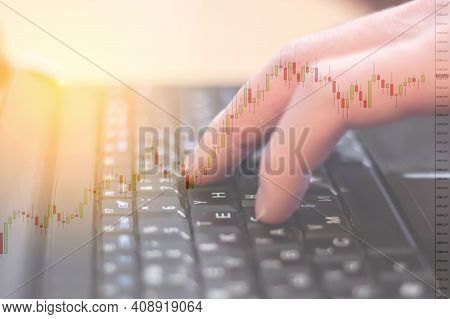 $ 51,355 Per Bitcoin On The Chart From The Exchange. Man Investigates Cryptocurrency Investment