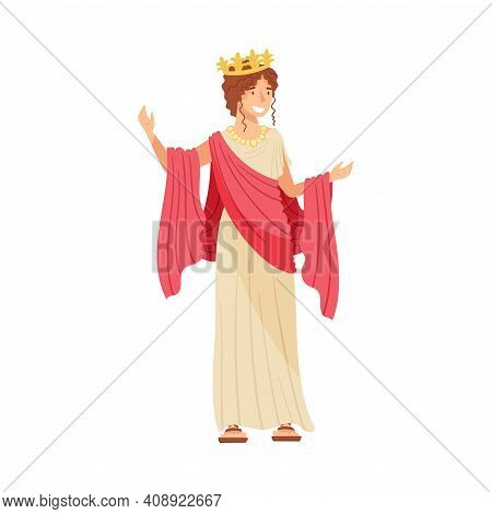 Young Female As Roman Empress In Long Dress Wearing Crown Vector Illustration