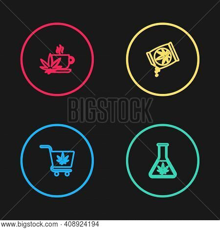 Set Line Shopping Cart With Marijuana, Test Tube, Marijuana Or Cannabis Seeds And Cup Tea Icon. Vect