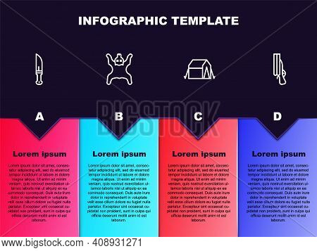 Set Line Hunter Knife, Bear Skin, Tourist Tent And Shotgun. Business Infographic Template. Vector