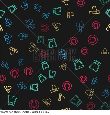 Set Line Vitamin Pill, Boxing Short, Groin Guard And Tennis Ball On Seamless Pattern. Vector