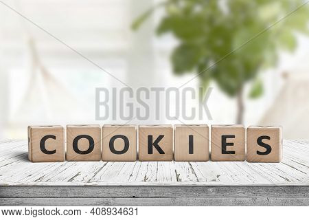 Cookies Word On Wooden Blocks In A Bright Living Area With Green Plants