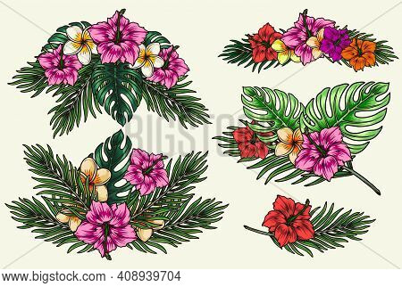 Colorful Vintage Tropical Floral Composition With Blooming Plumeria And Hibiscus Flowers Palm And Mo