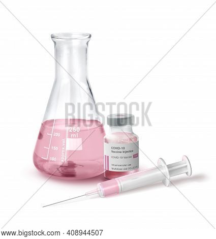 Laboratory Glass Beaker, Vial Bottle And Syringe For Vaccination Antidote Against Pandemic Virus Dis
