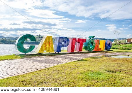 Capitólio - Mg, Brazil - December 08, 2020: Landmark With A Totem With The Name Of The City, Tourist