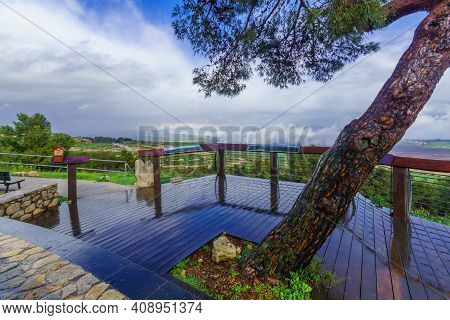 Malkia, Israel - February 18, 2021: View Of The Malkia Observation Point, With A Rainbow And The Ked
