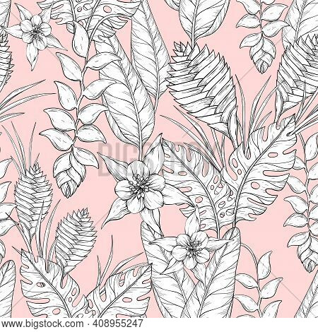 Vector Seamless Monochrome Floral Pattern With Hand Drawn Jungle Leaves And Exotic Flowers. Heliconi