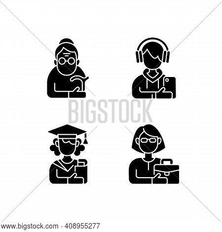 Age And Gender Differences Black Glyph Icons Set On White Space. Female Pensioner. Male Teenager. Ad