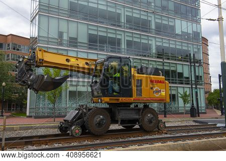 Boston - Aug. 28, 2020: Railroad Maintenance Machine Gradall Xl 4330 On Mbta Green Line In Boston, M