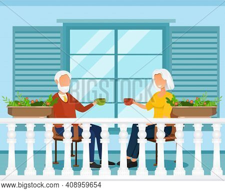 Grey Elderly Couple Is Drinking Coffee On Balcony. Concept Of Neighborhood And Staying At Home. Cute