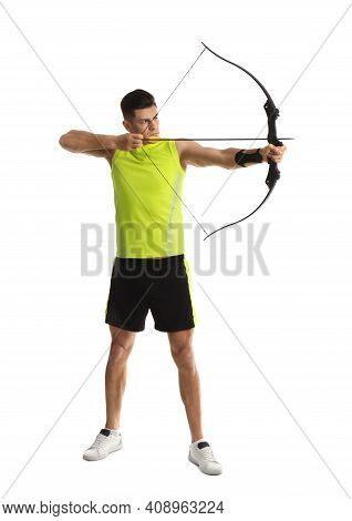 Man With Bow And Arrow Practicing Archery On White Background