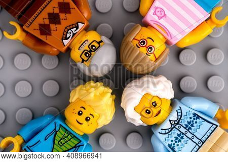 Tambov, Russian Federation - January 17, 2021 Four Lego Family Minifigures - Grandparents And Grandc