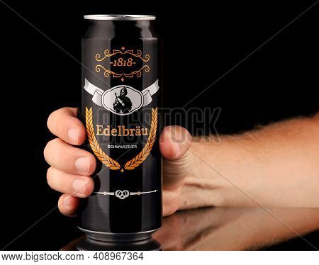 Lviv, Ukraine - July 11, 2020: Edelbrau German Beer In A Can In Hand