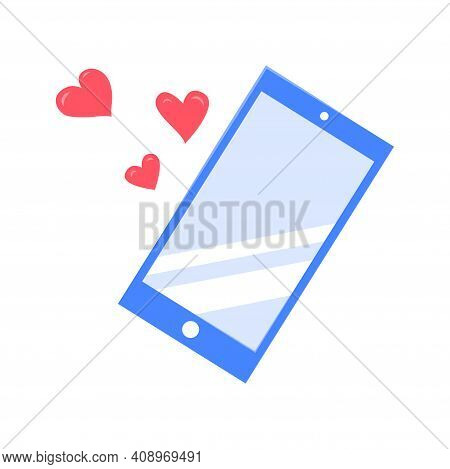Cartoon Smartphone With Loving Hearts. Love Or Likes On A Social Network. Vector Isolated Romantic F