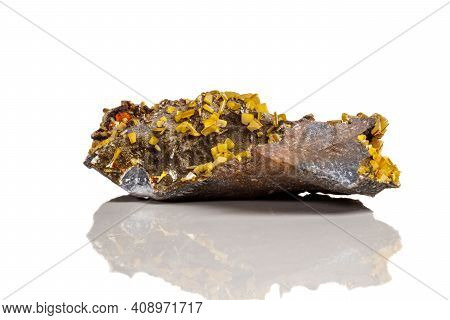 Macro Mineral Stone Yellow Wulfenite On A White Background
