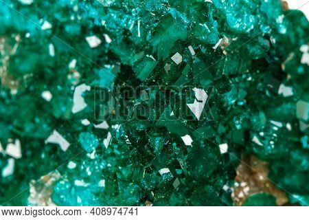 Macro Mineral Stone Dioptase Silicate Copper On A White Background