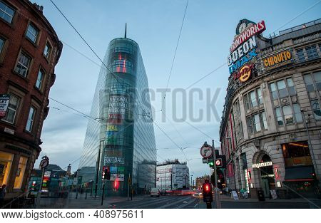 Manchester, Uk - September 23, 2016: National Football Museum And Odean Cinema Area With Car Trails 