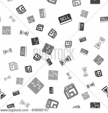 Set Sell Button, Stock Market News, Old Hourglass And Browser With Growth Graph On Seamless Pattern.