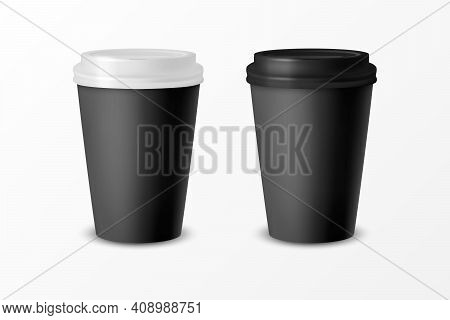 Vector 3d Realistic Black Paper Disposable Cup With White And Black Lid Set Isolated On White Backgr