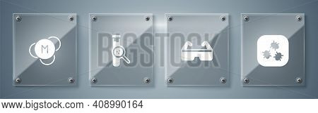 Set Bacteria, Safety Goggle Glasses, Test Tube And Flask And Molecule. Square Glass Panels. Vector