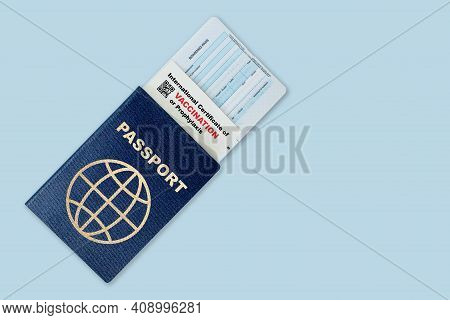 Travel Passport, Boarding Pass And Certificate Of Covid-19 Vaccination. Concept Of New Normal Future