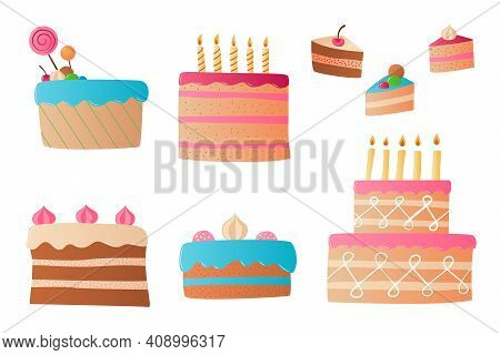 A Set Of Various Colored Volumetric Cakes. Isolated Objects On A White Background.