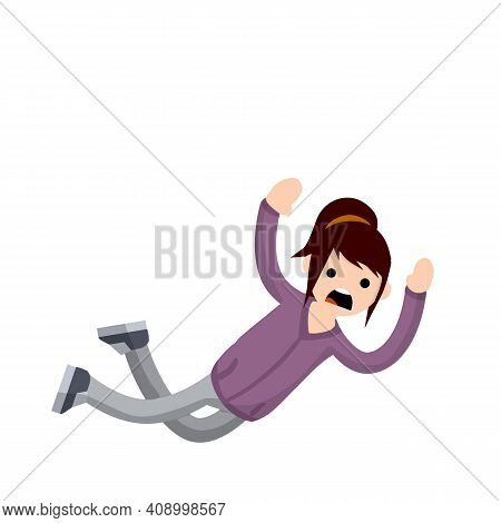 Screaming Woman Falls From Height. Horror And Fear Of Heights - Phobia Acrophobia. Cartoon Flat Illu