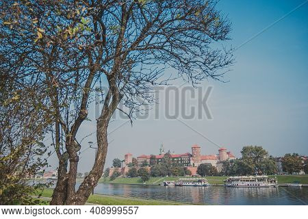 View Of The Wawel Royal Castle In Krakow, Poland From Across The River Vistula, Wisla. Built At The 