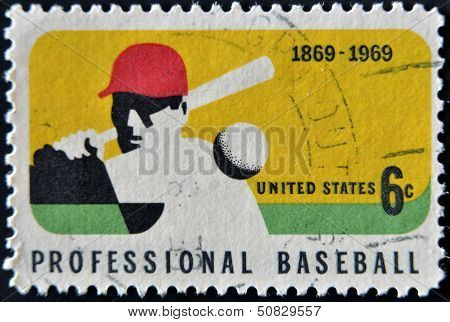 United States Of America - Circa 1969 : A Stamp Printed In Usa Dedicated To Professional Baseball
