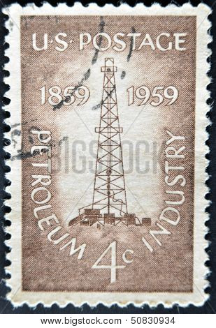 A stamp printed in USA show Petroleum Industry with first oil well at Titusville Pennsylvania