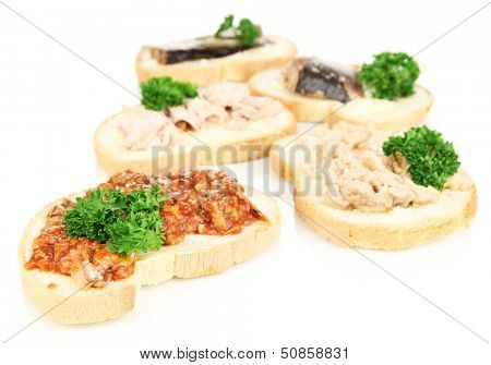 Tasty sandwiches with tuna and cod liver sardines different kinds of canned fish, isolated on white