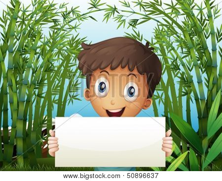 Illustration of a boy at the bamboo farm holding an empty signage