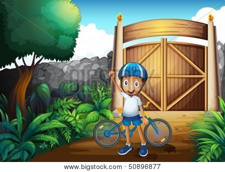 Illustration of a boy in the frontyard with a bike