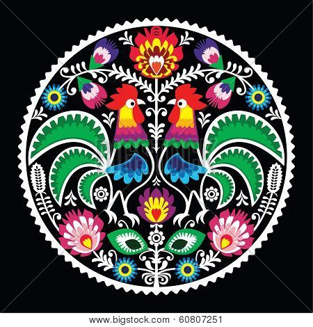 Polish floral embroidery with roosters - traditional folk pattern