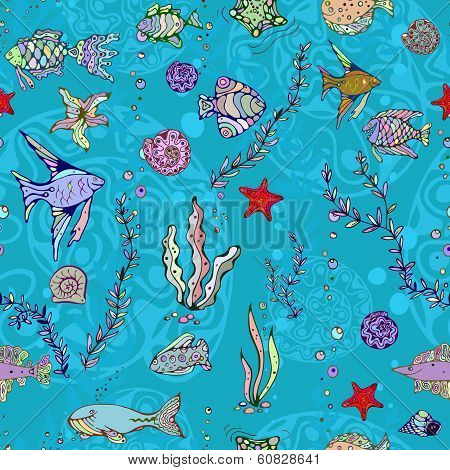 Sea (Fish, shells, starfish) seamless pattern