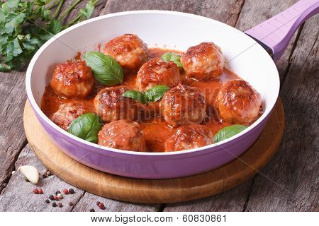 Hot Meatballs With Tomato Sauce In A Frying Pan