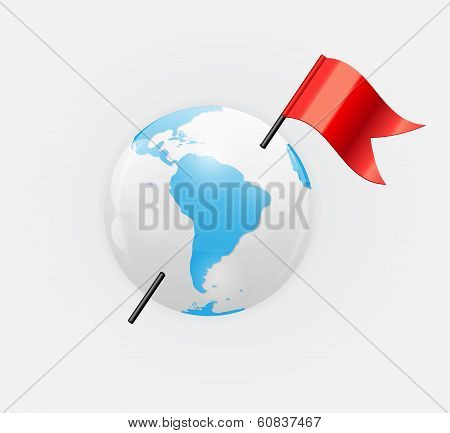 Earth Planet Icon with Red Flag Vector Illustration