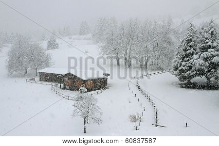 Wooden Mountain Chalet All Blanched During A Snowstorm