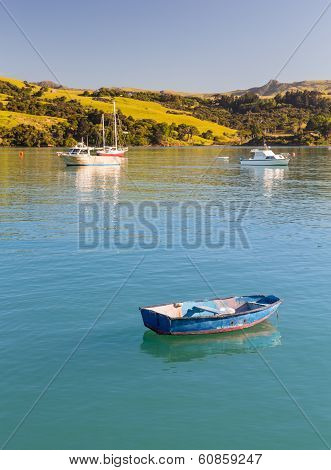 Empty Blue Rowing Boat Akaroa Harbor
