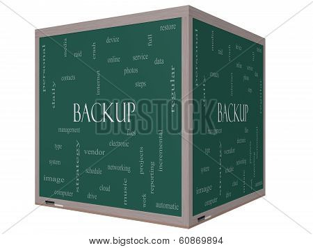 Backup Word Cloud Concept On A 3D Cube Blackboard