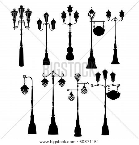 Set Of Retro Street Lanterns Silhouettes