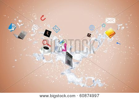 Conceptual image with business items flying in air