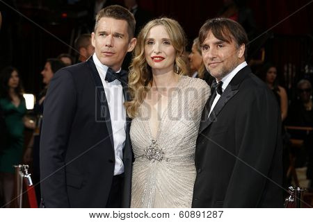 LOS ANGELES - MAR 2:  Ethan Hawke, Julie Delpy, Richard Linklater at the 86th Academy Awards at Dolby Theater, Hollywood & Highland on March 2, 2014 in Los Angeles, CA