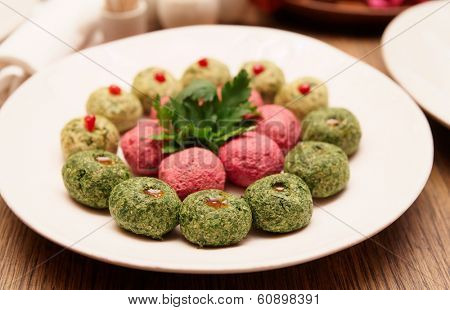 Pkhali appetizers on plate in restaurant, georgian dish