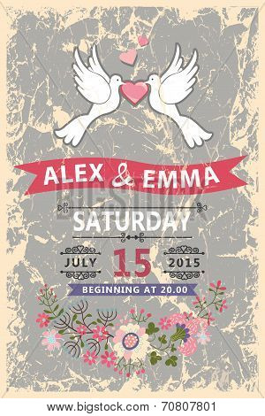 Retro wedding invitation.Pigeons,ribbon,flowers