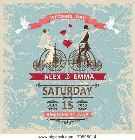 Retro wedding invitation.Bride, groom,decor elements